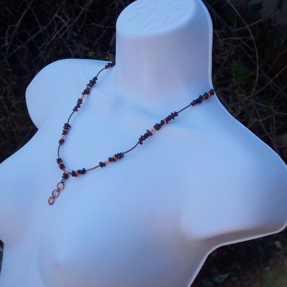 Handmade Necklace with Red Garnets and Bronze Coated Brass Tube Beads  21.5 IN - Picture 10 of 10